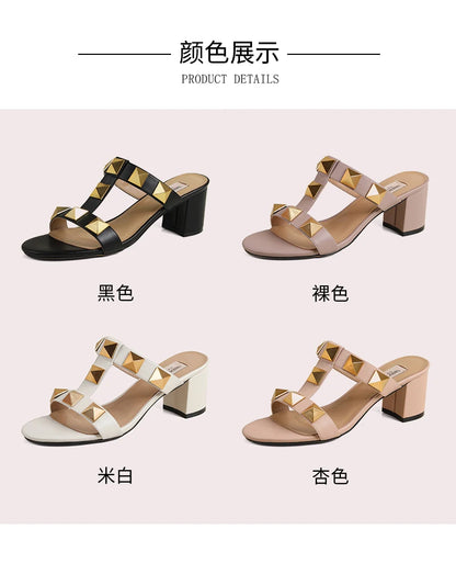 Women's Sandals Summer Gladiator Heeled Sandals Luxury Heeled Slippers Rivets Open Toe High Heels Elegant Ladies Shoes Women