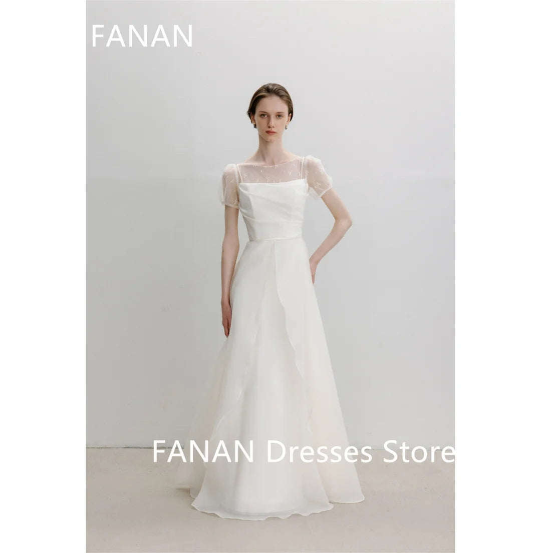 Fanan Korea Boat Neckline Ivory Wedding Dresses  웨딩드레스 Organza Tiered Custom Made Ruched Photoshoot Bride Gowns Plus Size