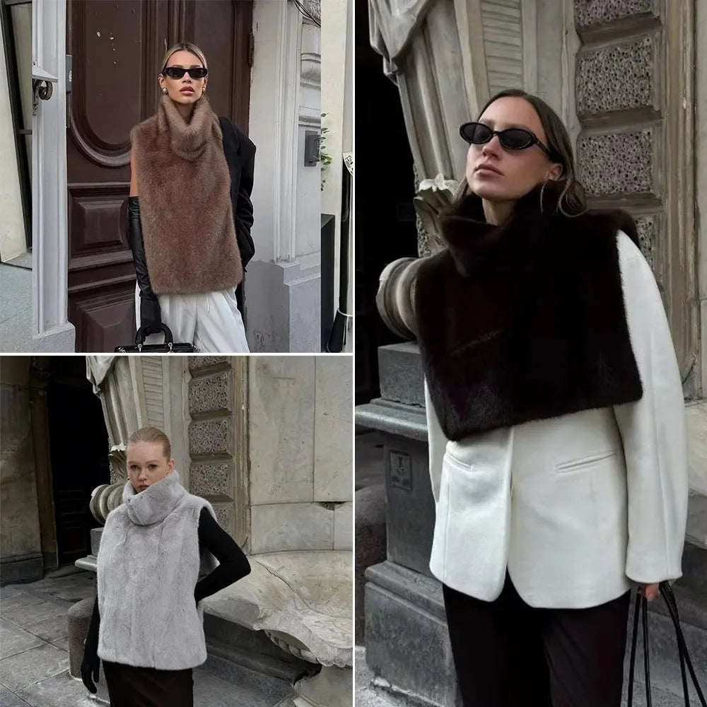 Trendy Outerwear Eco Mink Fur Turtleneck Tank Tops Fluffy Layering Piece Fashion Top Thicken High Collar Waistcoat Autumn Winter