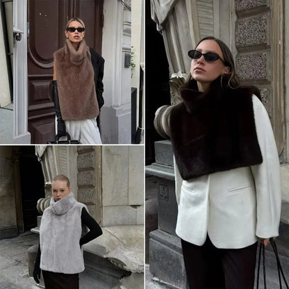 Trendy Outerwear Eco Mink Fur Turtleneck Tank Tops Fluffy Layering Piece Fashion Top Thicken High Collar Waistcoat Autumn Winter