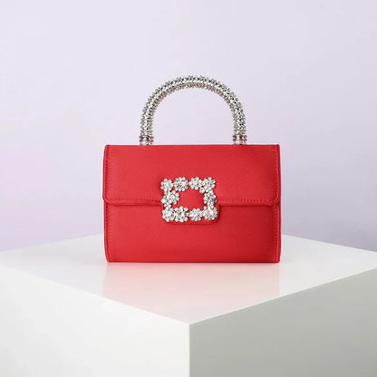 Rhinestone Faux Silk Emerald Evening Bag Silver Diamond Buckle Handle Fashion Handbags Elegant Ladies Square Bolsa Feminina