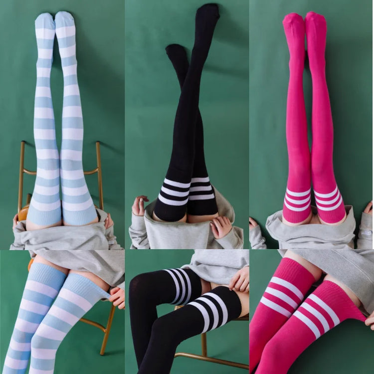 2 Pairs Women's Over The Knee Socks Cotton Thigh High Socks Black White Blue Colorful Striped Pattern Fashion Casual Daily Wear