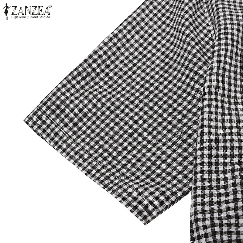 ZANZEA Short Sleeve Checked Wide Leg Overalls Pleated Waist O Neck Loose Casual Gingham Jumpsuits 2024 Fashion Women Long Romper