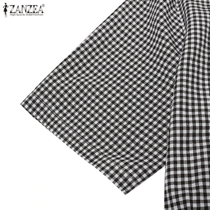 ZANZEA Short Sleeve Checked Wide Leg Overalls Pleated Waist O Neck Loose Casual Gingham Jumpsuits 2024 Fashion Women Long Romper