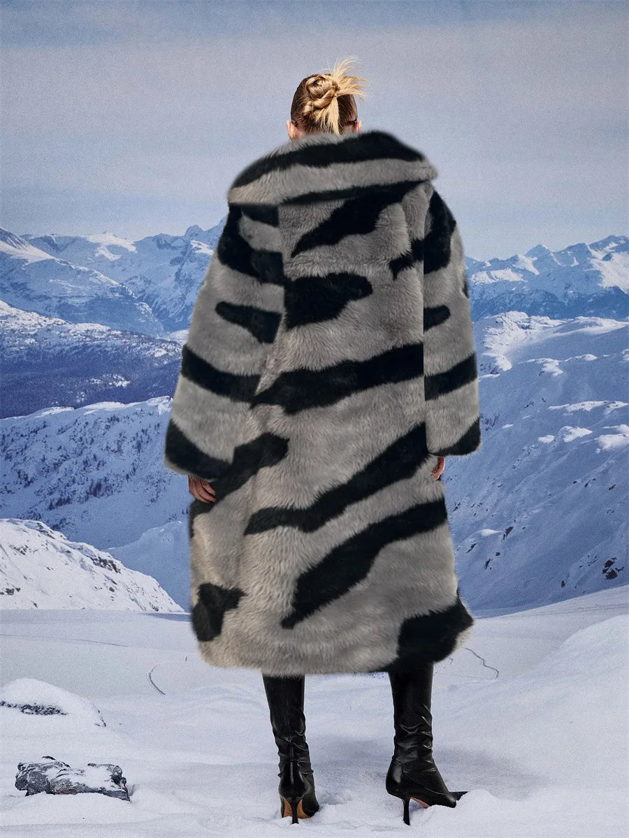 2026 Winter Plus Size Faux Fur Long Coat Women Tiger Long Sleeve Fluffy Jacket Ladies Large Thick Warm Furry Cardigan Outwear