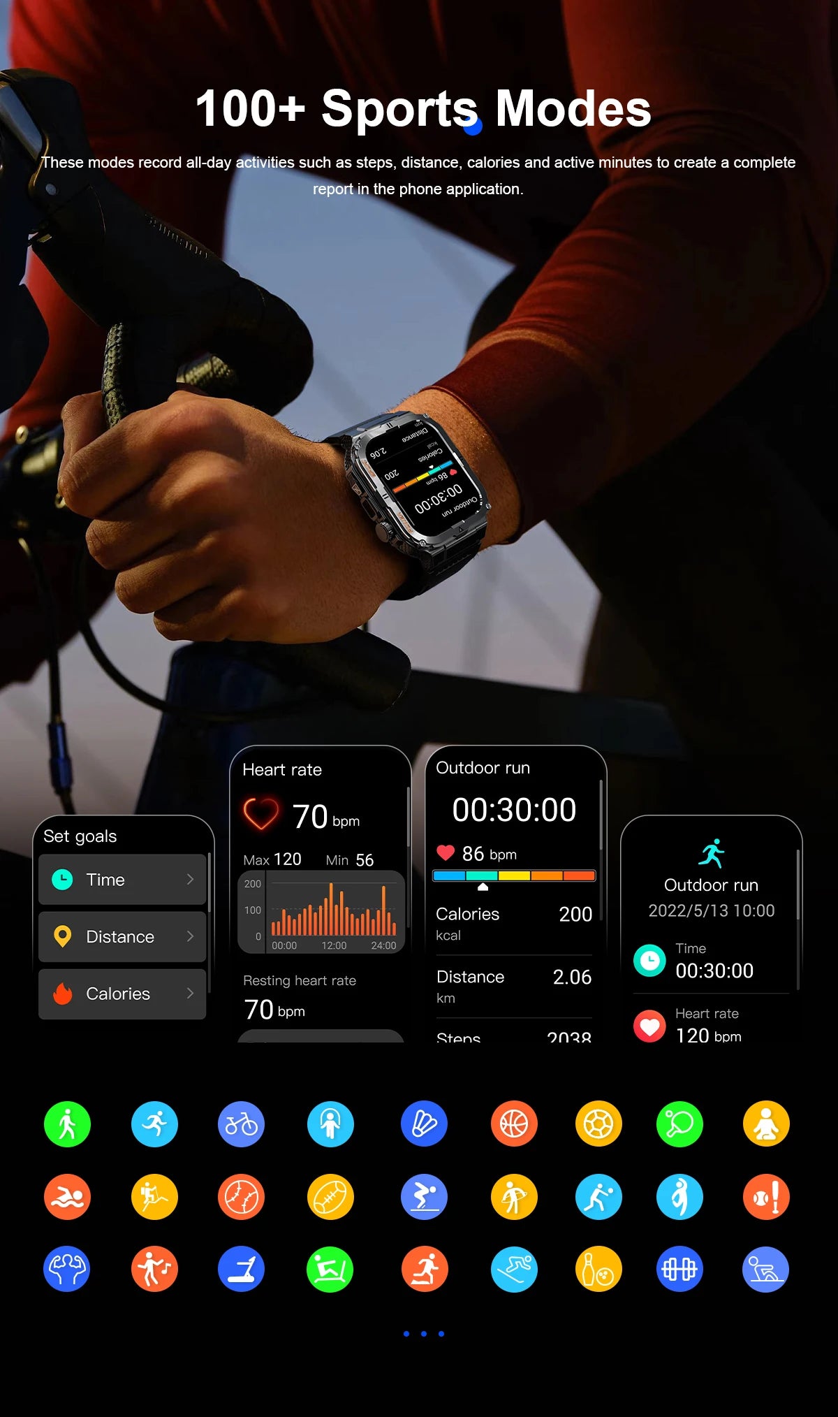New Men's Smart Watch LED Flashlight waterproof Outdoor Sports Watch Health Monitoring Fitness tracker Suitable for IOS Android