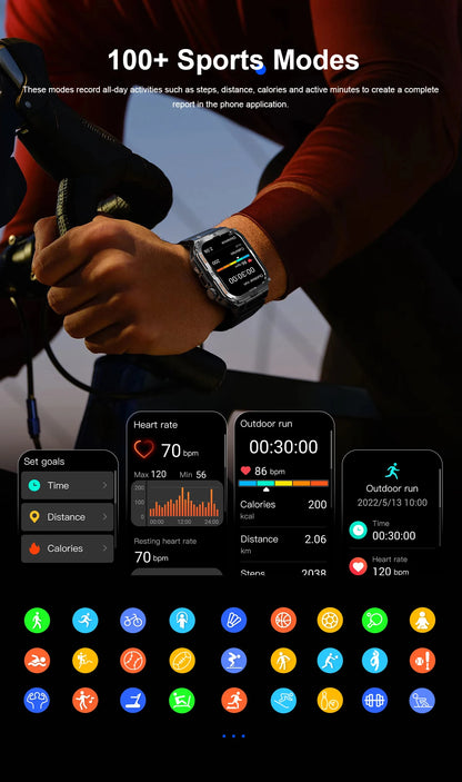 New Men's Smart Watch LED Flashlight waterproof Outdoor Sports Watch Health Monitoring Fitness tracker Suitable for IOS Android