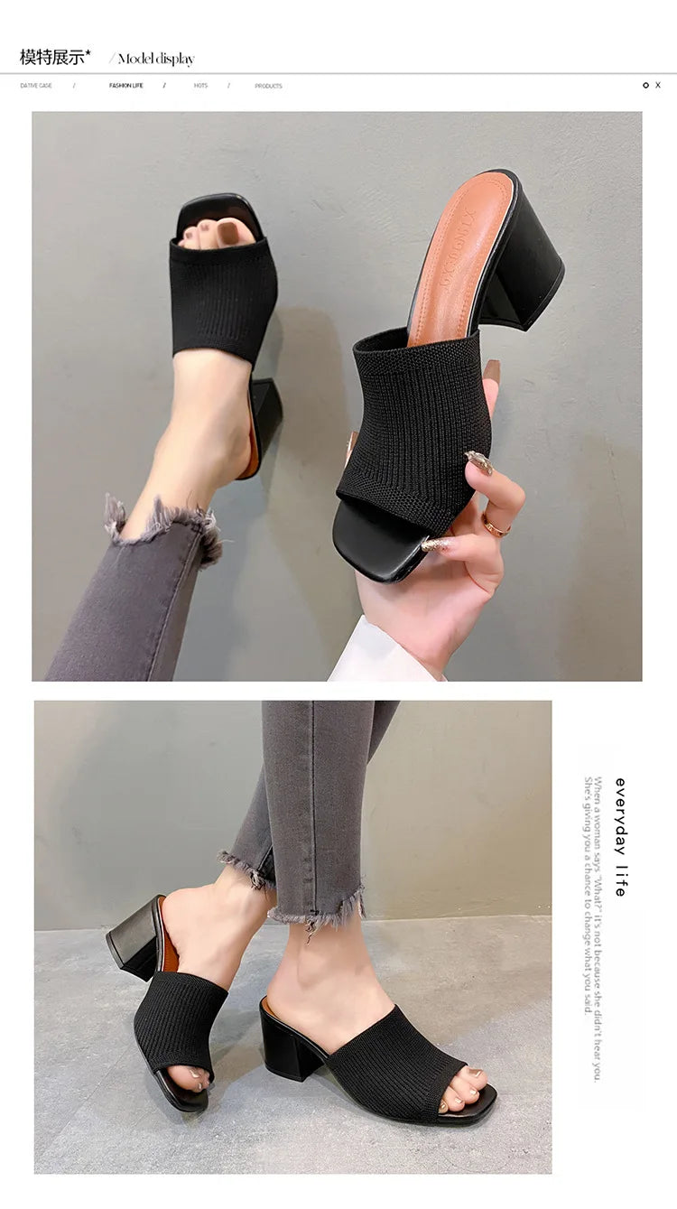 Women's Luxury Casual Soft High Heel Sandals Black Mules Summer Slippers Outdoor Shoes Open Toe