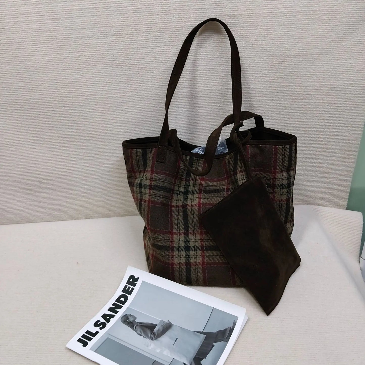 Autumn winter Women's Bag Large-capacity New Vintage Versatile Fashion  Wool Plaid Tote Student Simple Casual Daily