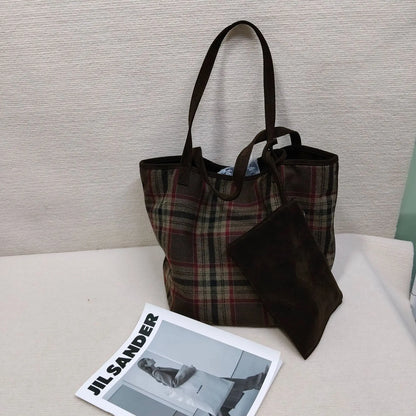 Autumn winter Women's Bag Large-capacity New Vintage Versatile Fashion  Wool Plaid Tote Student Simple Casual Daily