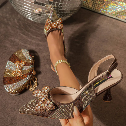 Venus Chan Green Color Pointed-Toe High Women Heels Shoes and Bags for Women Rhinestone Evening Party Elegant Luxury Handbag