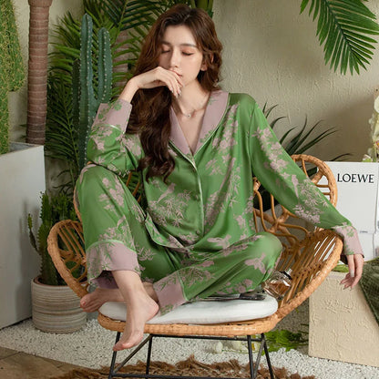 Women Pajamas Set Large Collar Green Cardigan Home Wear Two-Piece Long-Sleeved Outside Ladies Ice Silk Sleepwear Spring Autumn