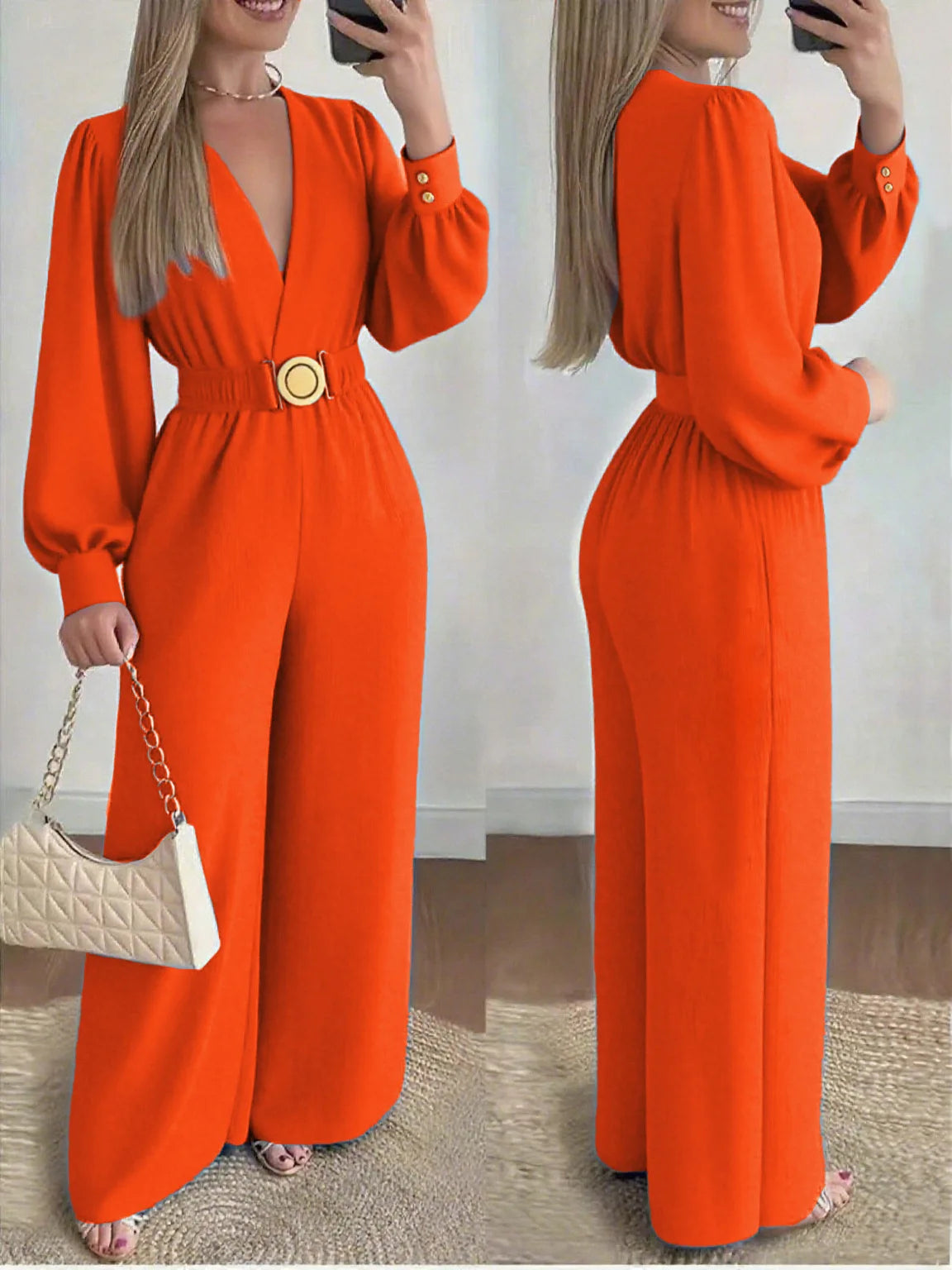 Fashion Commuting Jumpsuits Belt Lace Up Wide Legger Romper Casual Long Sleeve Women's Autumn Elegant V neck Solid Long Playsuit