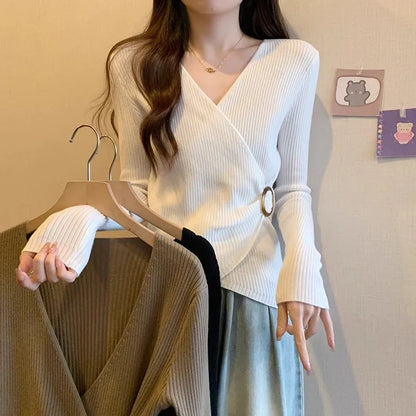 Women Wrap V Neck Ribbed Knit Top Metal Ring Buckle Flare Long Sleeve Slim Sweater