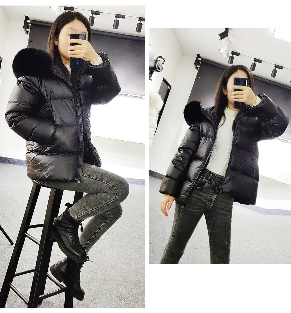Maomaokong Winter Jacket Women Real Fur Coat Parkas Duck Down Lining Coat Real Raccoon Fur Collar Warm Black Streetwear
