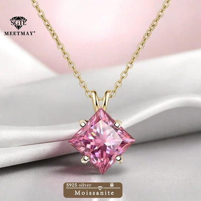 BOCARMAN S925 Sterling Silver Necklace with Colorful Princess Cut Moissanite Inlay Clavicle Chain Pendant for Women Gift