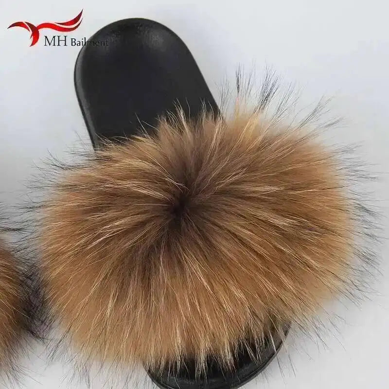 Real Raccoon Fur Slippers For Women 2026 Summer Fluffy Indoor House Fuzzy Flat Slides Outdoor Fashion Beach Sandals Flip Flops