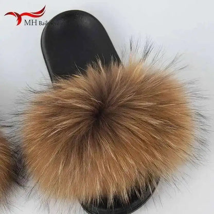 Real Raccoon Fur Slippers For Women 2026 Summer Fluffy Indoor House Fuzzy Flat Slides Outdoor Fashion Beach Sandals Flip Flops