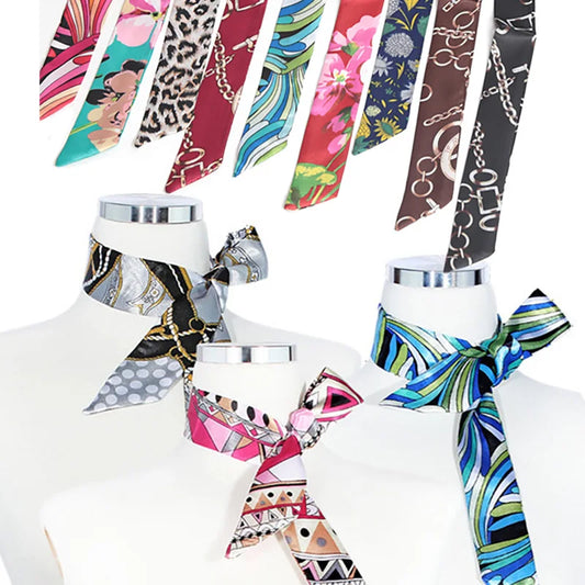 Women Print Flower Small Scarf Handle Bag Ribbons Fashion Head Scarf Small Long Skinny Scarves Headbands Tie Accessories