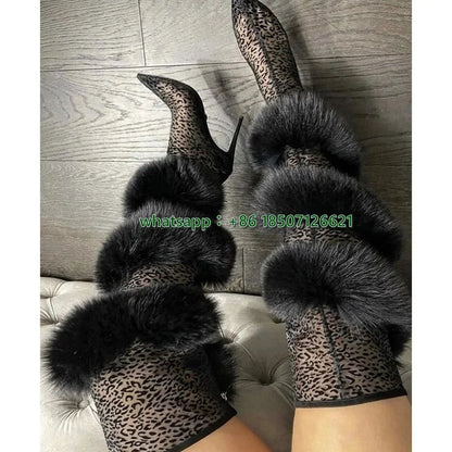 Black Lace Leopard Print Pointed-Toe Thigh-High Boots Faux Fur Stiletto Heel Sexy Sheer Mesh Detail Large Size Women's Boots