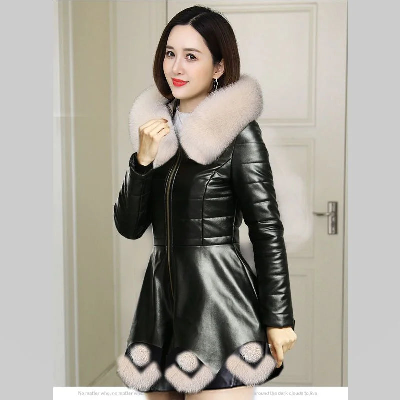 2026 Women Winter Jacket Coat Fashion Leather Cotton Coat Parker Mid Long Imitation Fox Fur Hooded Slim Warm PU Leather Overcoat