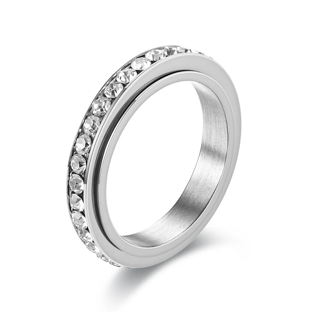Fidget Anxiety Anti-stress Ring Women's 4mm Gold Silver Color Stainless Steel Crystal Rotatable Spinner Rings for Woman Jewelry