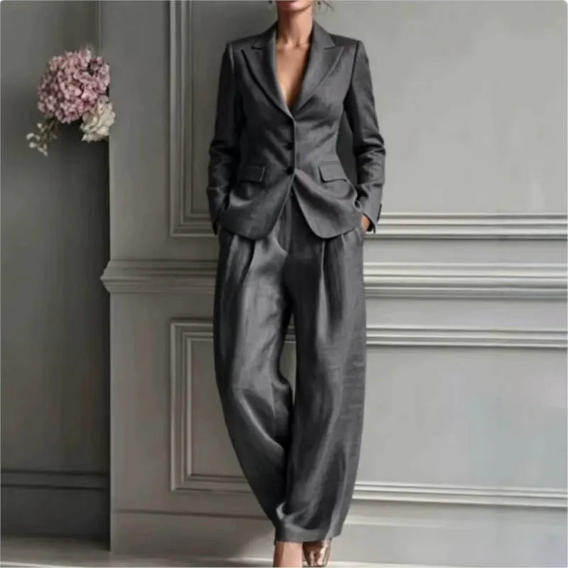 Autumn New Women's Long-sleeved Suit Shirt 2-piece Set Fashion Pocket Suit Collar Slim Temperament Female Office Trousers Suit