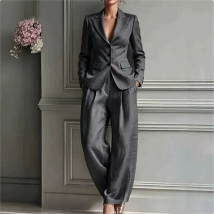 Autumn New Women's Long-sleeved Suit Shirt 2-piece Set Fashion Pocket Suit Collar Slim Temperament Female Office Trousers Suit