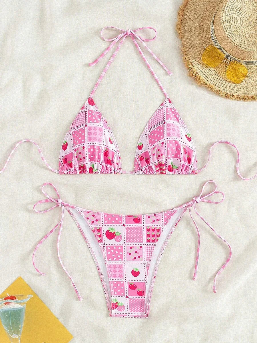 Swimsuit 2026 Female Micro Bikini Women Swimwear Summer Beachwear Women's Bathing Suit Floral Print Neck Halter Thong Bikini Set