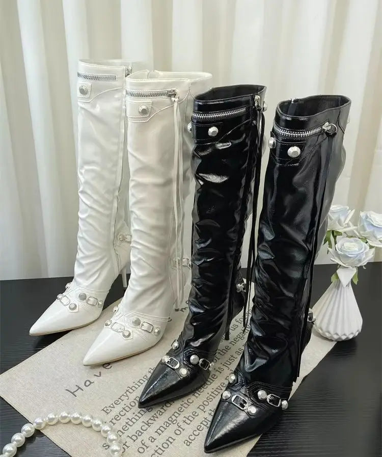 ZAROY Thin High Heels Knee-high Boots Women Winter Shoes Designer Tassels Rivet Side Zippers Sexy Pointed Toe Punk Long Booties