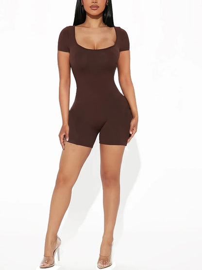 2025 Summer New Women's Sexy Solid Color Short Sleeve U Neck Jumpsuit Short Jumpsuit Yoga Fitness One Piece Polyester