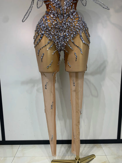 Sparkly Silver Diamond Butterfly Strapless Sheer See Through Jumpsuit Eveing Party Birthday Bar Nightclub Sexy Stage Costumes