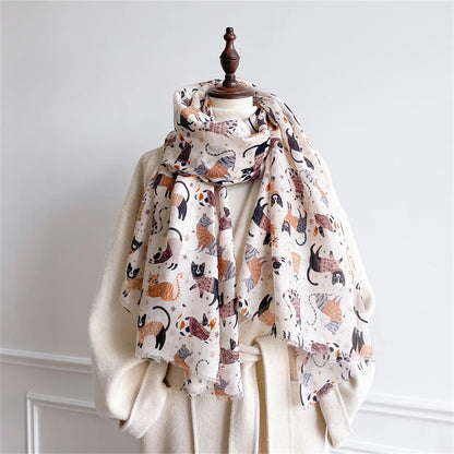 Autumn and Winter Travel Warm Cashmere Shawl Scarf Fashion Women Cat Print Pashmina Blanket Wraps Female Cute Poncho Bufanda
