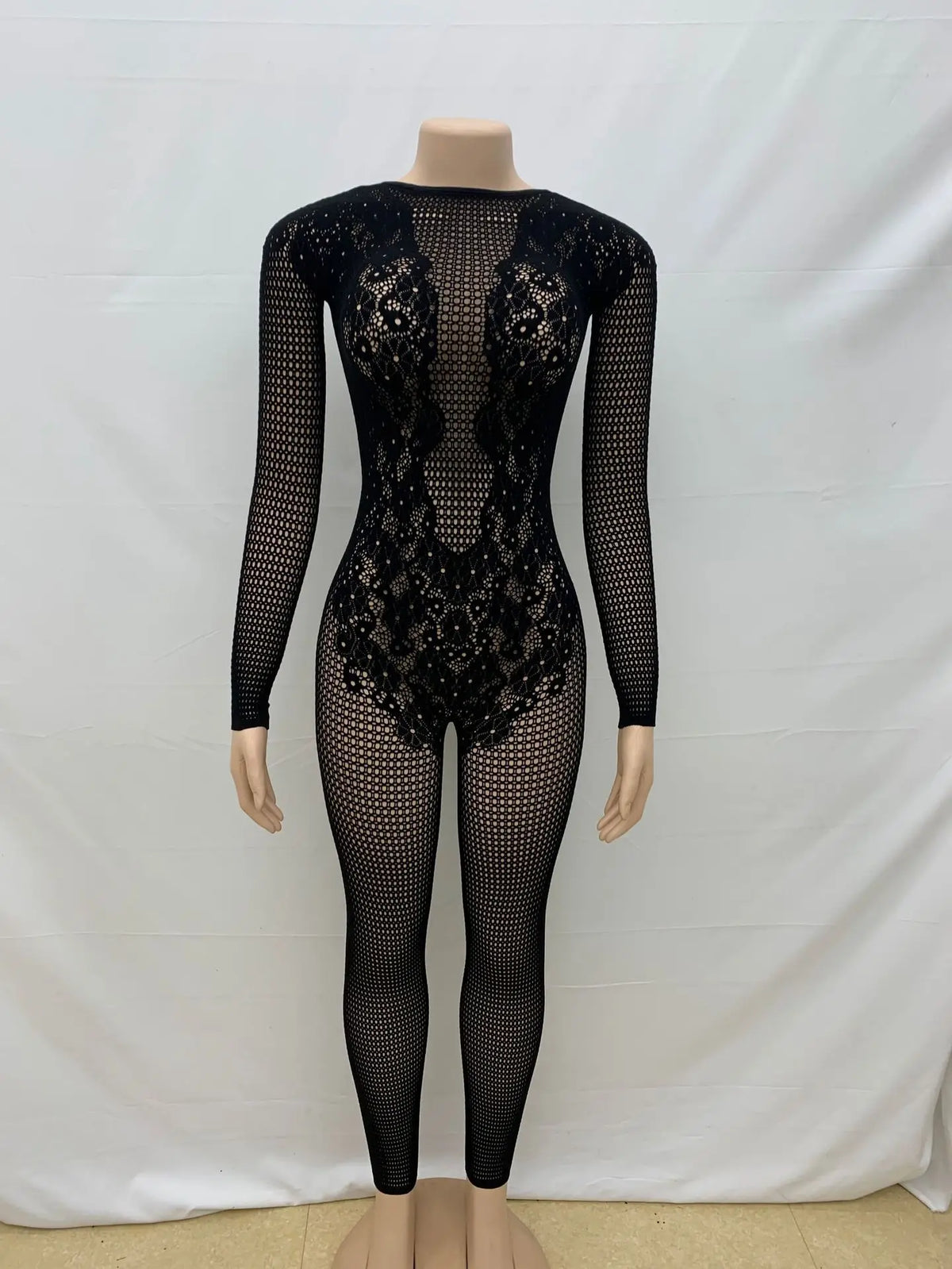 HLJ&GG Black Sexy High Quality Stretchy Knit See Though Bodycon One Piece Jumpsuits Women Long Sleeve Slim Playsuits Streetwear