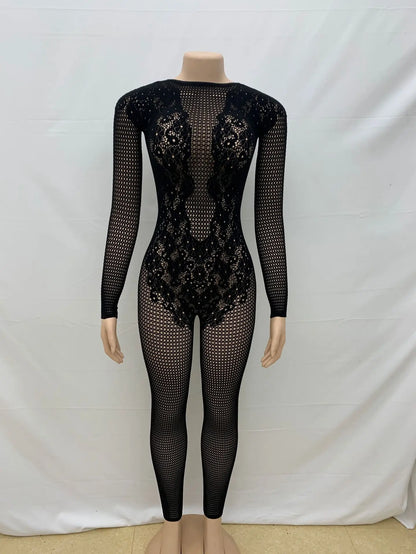HLJ&GG Black Sexy High Quality Stretchy Knit See Though Bodycon One Piece Jumpsuits Women Long Sleeve Slim Playsuits Streetwear