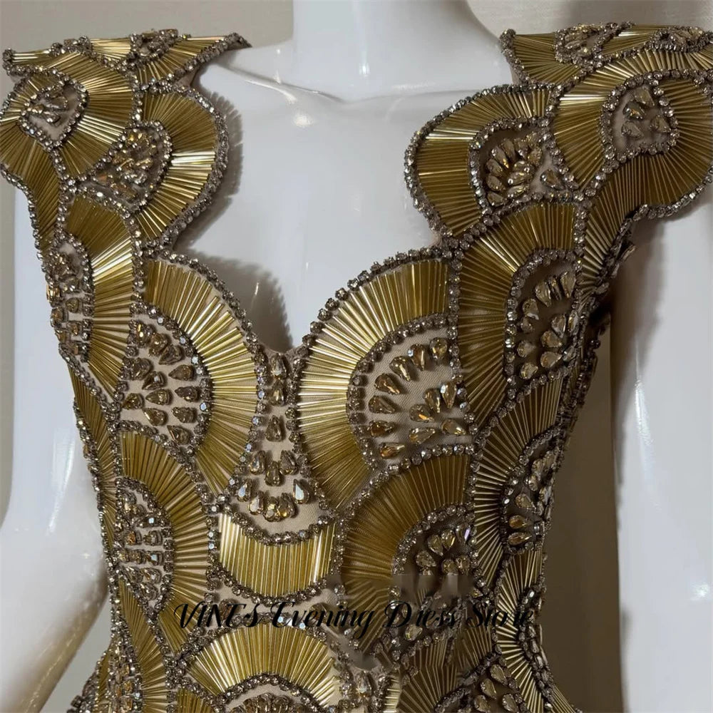 VINES Golden Party Dress Tank Evening Dresses Beading On Chest Party Gown Straight Tassel Prom Gown for Women Simple Customized