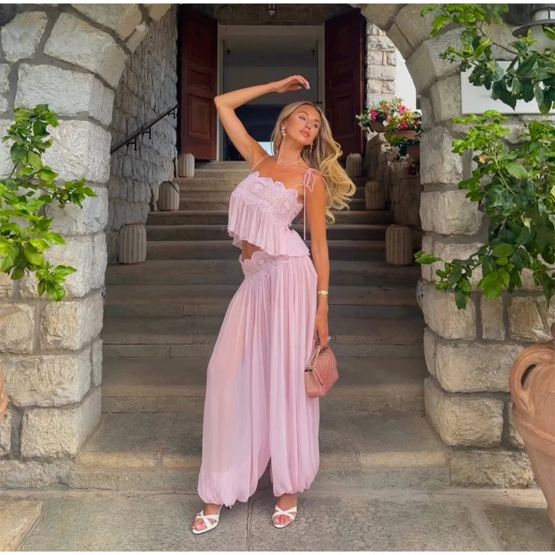 Beach Lace Hollow Out Women's Summer Pants Sets Lace Up Backless Spaghetti Strap Crop Top Loose Pleated Lantern Pant 2026 Suit
