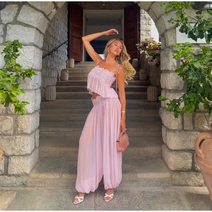 Beach Lace Hollow Out Women's Summer Pants Sets Lace Up Backless Spaghetti Strap Crop Top Loose Pleated Lantern Pant 2026 Suit