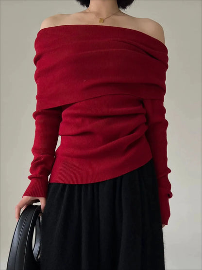 Long Sleeve Off Shoulder Knit Top Women Stretchy Ruched Strapless Pullover Bardot Sweater Spring Summer 2026 Elegant Fashion