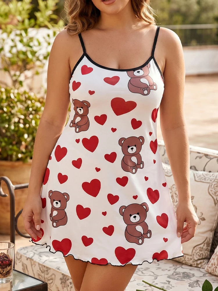 FINETOO Summer Teddy Bear Sleepwear Women Seamless Hearts Butterfly Floral Printed Sleeveless Ruffled Loungewear Cute Nightdress