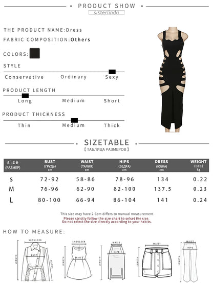Sisterlinda Sexy Hollow Elegant Midi Dress Women 2023 Summer Sleeveless Hipster Side Split Bodycon Party Clubwear Vestidos Mujer