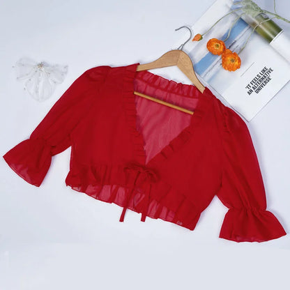 Spring, Summer, and Autumn Chiffon Lace Up Shirt, Shawl, Camisole, Thin Design, Sexy Solid Color, Loose Fit, Sweet Matching, Wed