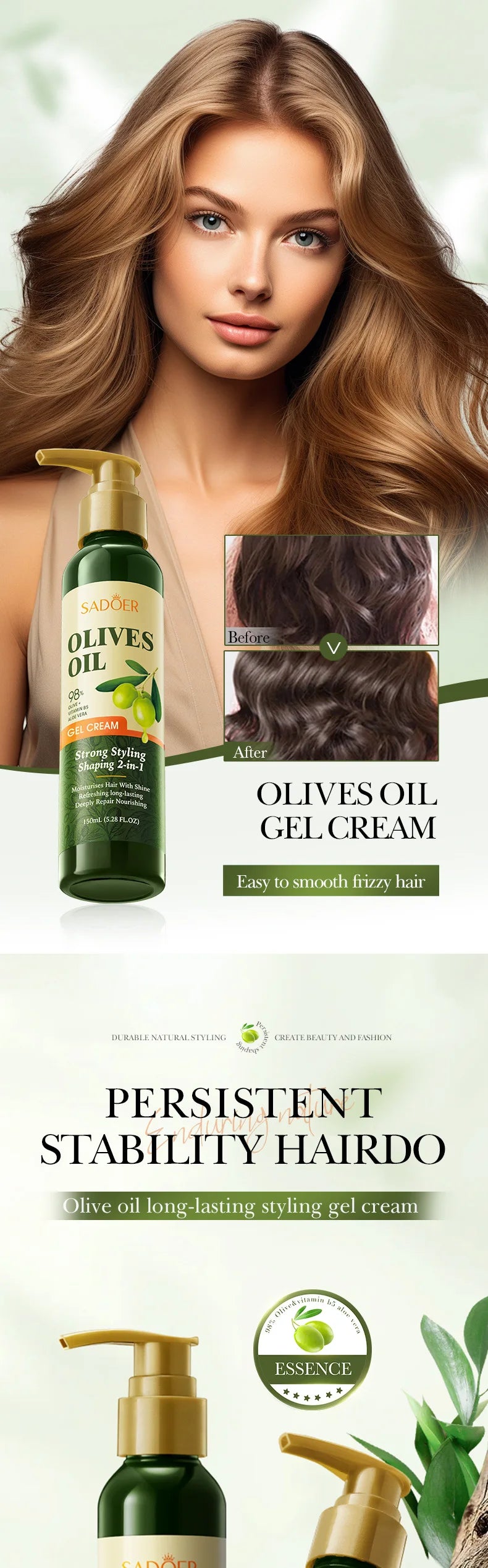 SADOER Olive Oil Hair Styling Wax Gel - Strong Hold, Natural Shine, Volumizing, Non-Greasy for Men & Women