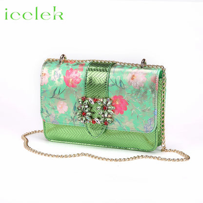 Newest Green Color Print Design High Heels Decorated with Water Rhinestone Party Women's Shoes and Bags Set