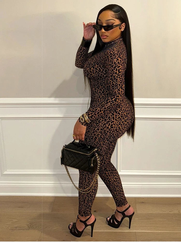 kliou Midnight Y2K Women Jumpsuits Hipster Leopard Print Full Sleeve Round Neck Slim Overalls Female Trend Party Club One Piece
