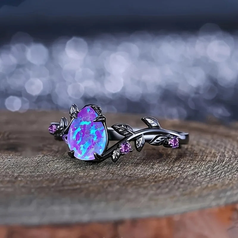 Elegant and Luxurious Synthetic Opal Vine Leaf Engagement Wedding Ring Wedding Jewelry Accessory Valentine's Day Gift
