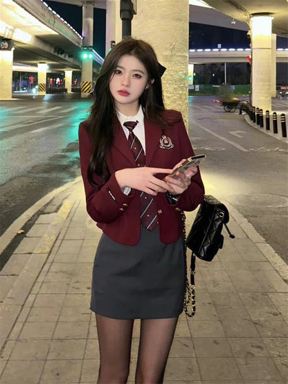 Korean Style Girls JK Uniform Suit Daily Red Blazer Coat Sexy Slim JK Wrap Buttock Skirt Women Preppy Summer School Uniform Suit
