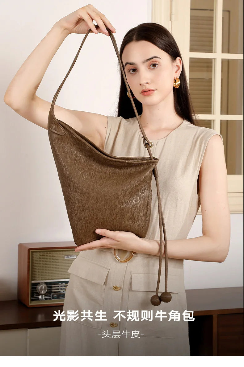 Women's Genuine Grade Cow Leather Handbags Luxury Designer Ladeis Shoulder Crossbody Bucket Bags for Woman Cowhide Underarm Bag