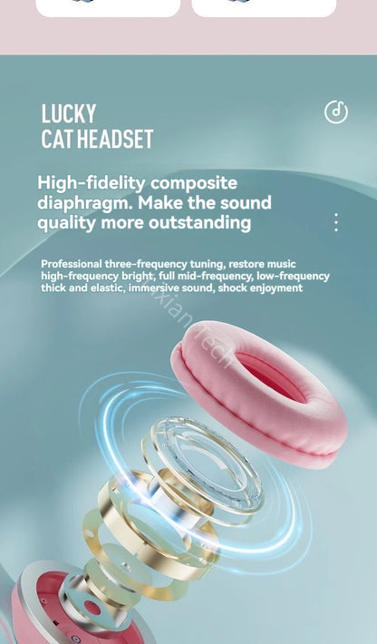 GRB Glow Gaming Headset Gamer Stereo Bass Cat Ear Wireless Earpods Bluetooth Earphones TYPE-C Cable Headphones Blutooth Handfree