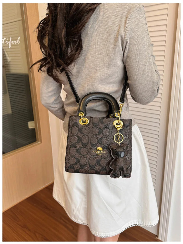 Luxury Women Bag 2026 New Vintage Classic Monogram Handbag Fashion Designer Ladies Tote Crossbody Bag with Bear Charm